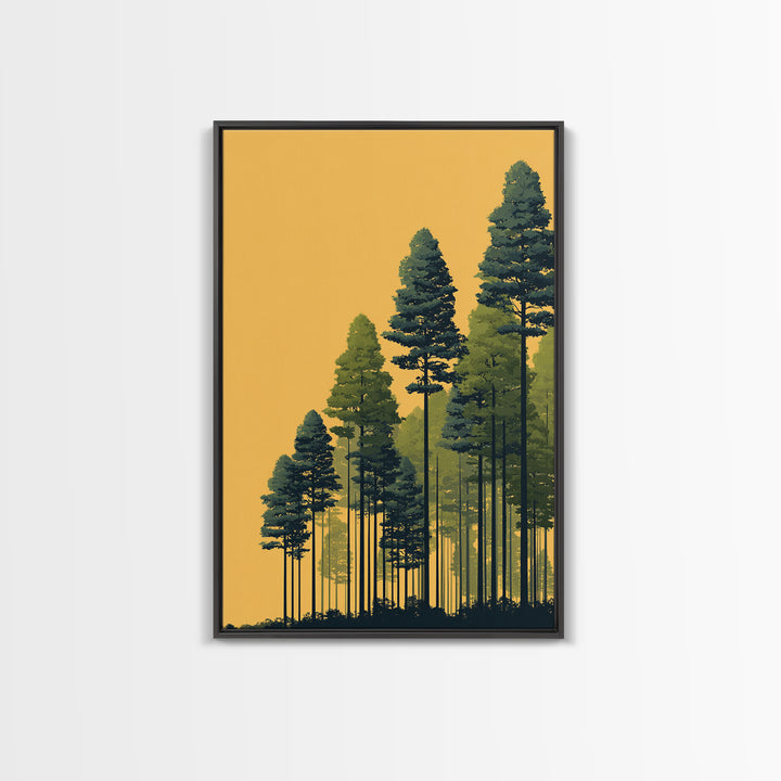 Golden Sunset Pine Forest Wall Art, Tall Evergreen Landscape Print, Scenic Nature Decor, Modern Cabin Living Room Decor Print