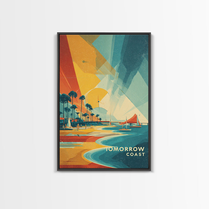 Tomorrow Coast Futuristic Beach Wall Art, Retro Travel Poster, Palm Springs Sailboat Canvas Print, Midcentury Modern Home Decor