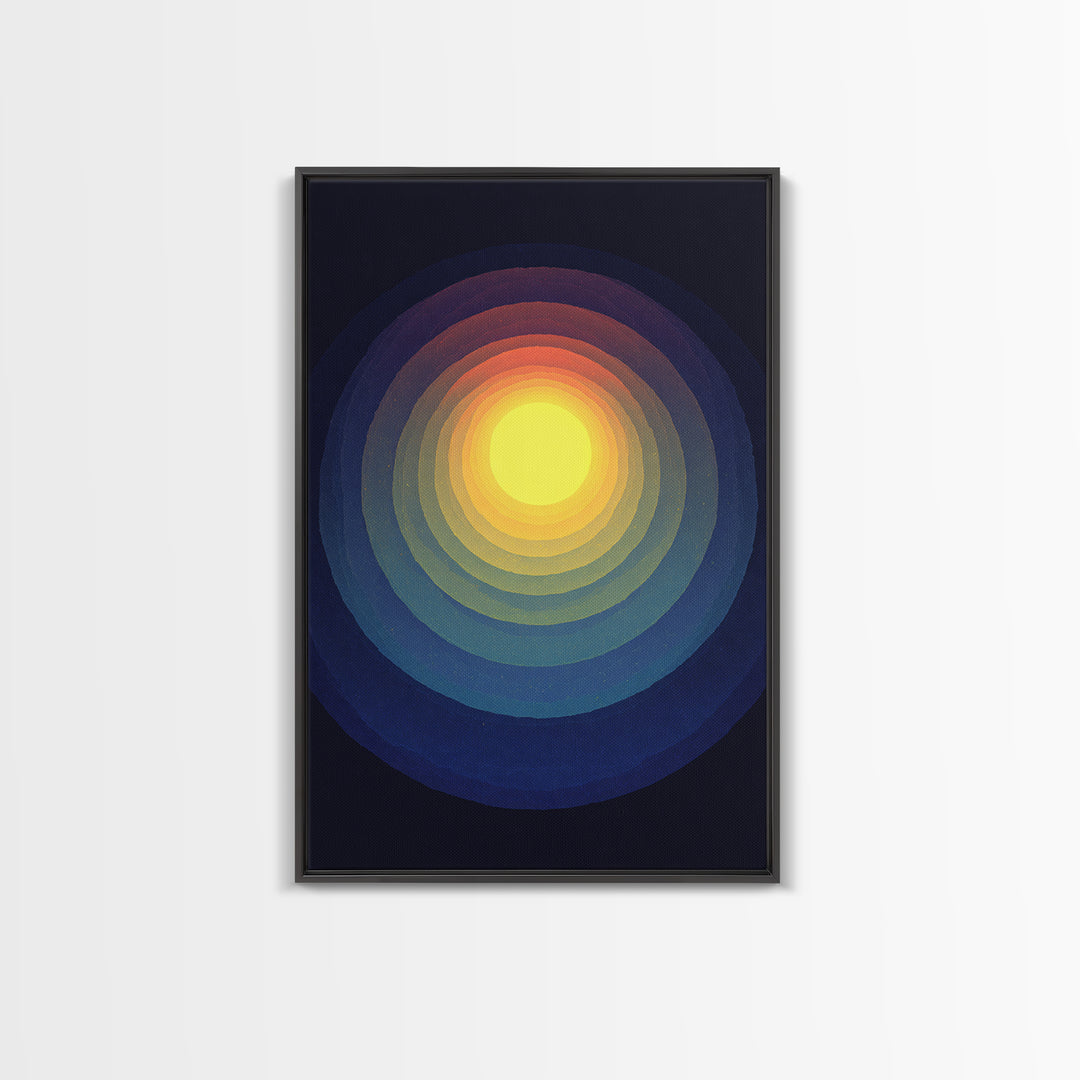 Radiant Yellow Concentric Sun Canvas Print, Midcentury Modern Art, Cosmic Abstract Wall Decor, Blue Retro Living Room Poster
