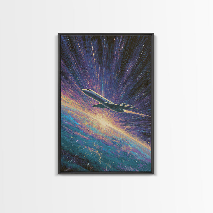 Cosmic Airplane Warp Speed Wall Art, Retro Sci Fi Travel Poster, Modern Art Print, Colorful Space Abstract Office Decor Art