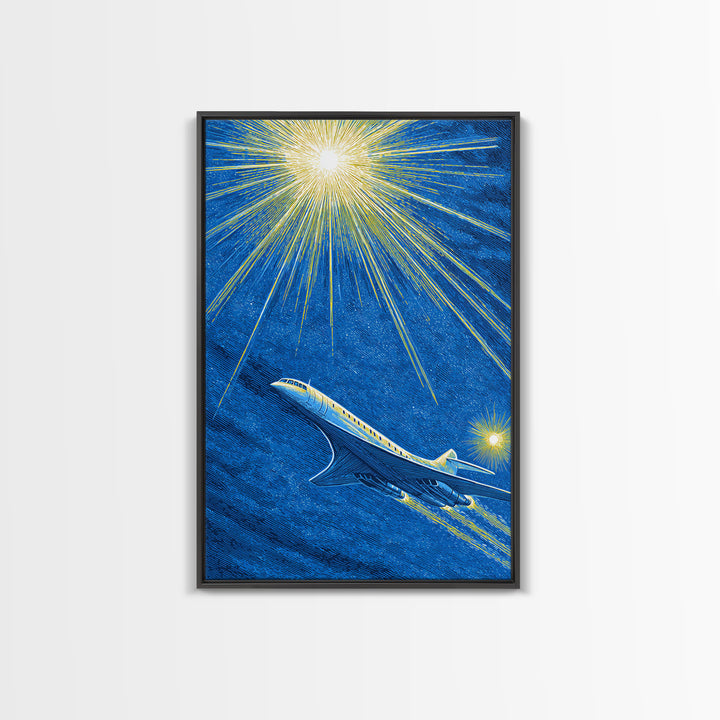Blue Jet Under Radiant Starburst Framed Canvas Print, Retro Travel Poster, Midcentury Modern Wall Art, Aviation Office Decor