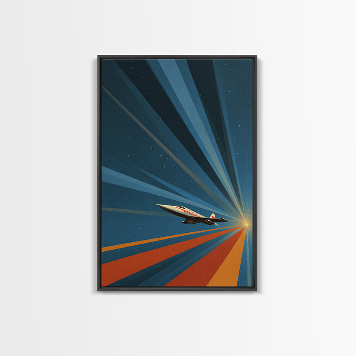 Retro Jet Plane Racing To Sunrise Canvas Print, Midcentury Modern Wall Art, Atomic Space Poster, Aviation Office Decor Gift