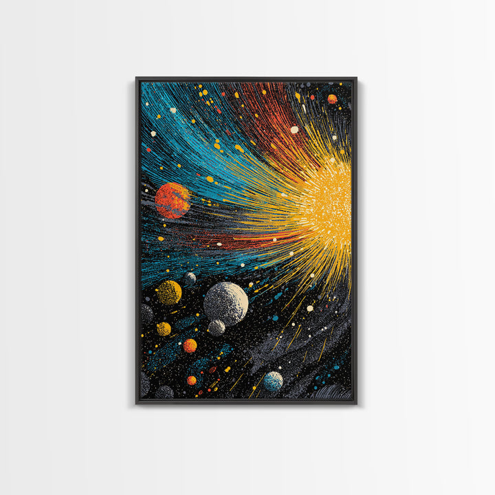 Exploding Solar System With Colorful Planets Framed Canvas Print, Midcentury Modern Wall Art, Retro Space Decor Poster Gift