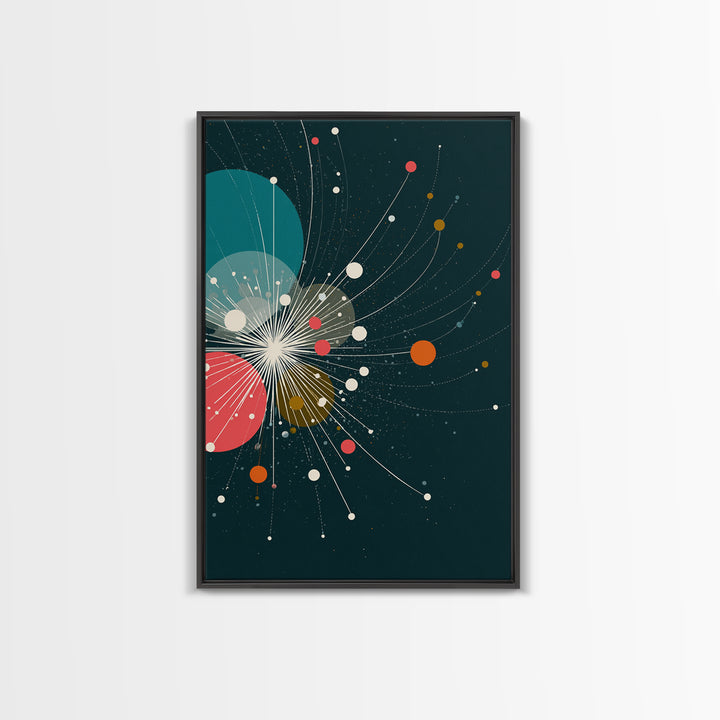 Abstract White Starburst With Floating Orbs Wall Art, Midcentury Modern Abstract Art Print, Teal Retro Space Office Decor