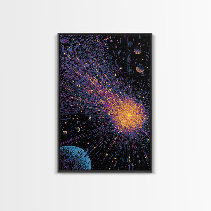 Brilliant Space Explosion With Orbiting Planets Canvas Print, Midcentury Modern Wall Art, Retro Sci Fi Poster For Office Decor