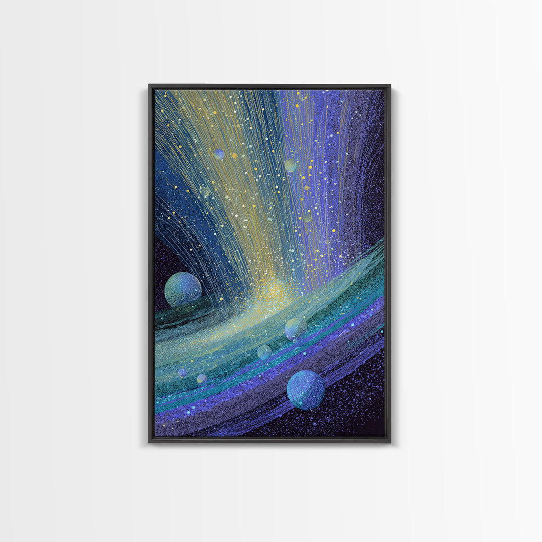 Surreal Ringed Planet With Blue Light Trails Framed Canvas Print, Midcentury Modern Wall Art, Cosmic Retro Space Decor Gift