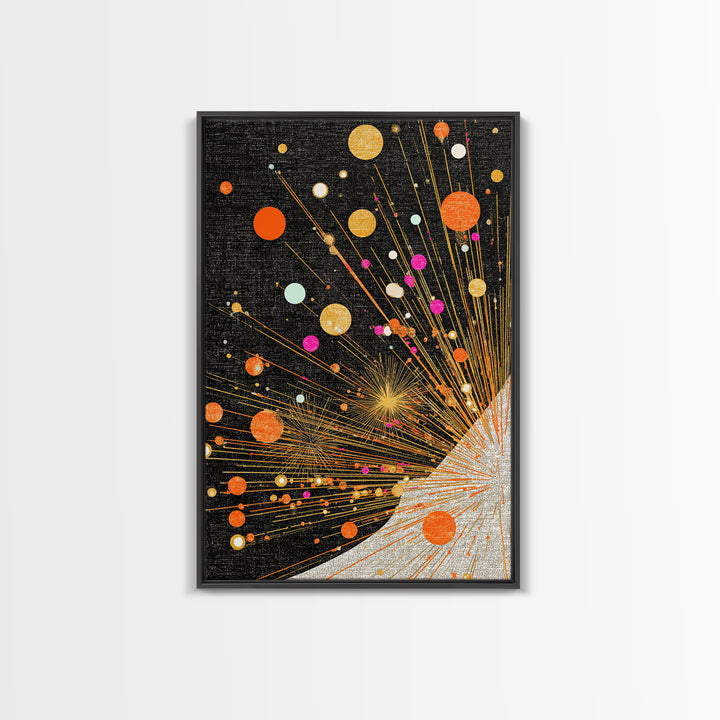 Orange Planet Burst On Black Canvas Print, Midcentury Modern Wall Art, Atomic Retro Space Poster, Geometric Office Decor