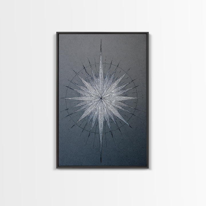 White Silver Radial Starburst Canvas Print, Midcentury Modern Art, Geometric Wall Art, Abstract Print, Blue Office Decor