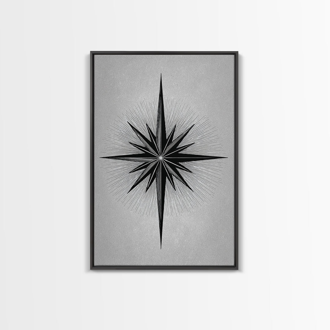 Black Compass Starburst Framed Canvas Print, Midcentury Modern Art, Geometric Wall Decor, Minimalist Art Print, Retro Decor