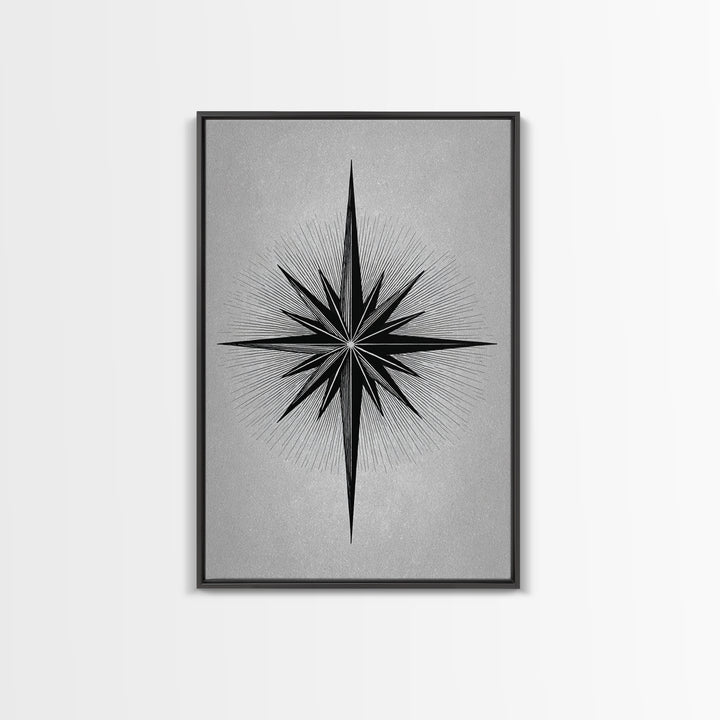 Black Compass Starburst Framed Canvas Print, Midcentury Modern Art, Geometric Wall Decor, Minimalist Art Print, Retro Decor