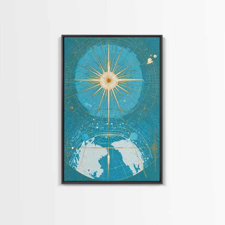 Turquoise Celestial Earth Sunburst Wall Art, Midcentury Modern Space Poster, Atomic Retro Map Print, Blue Office Decor Gift