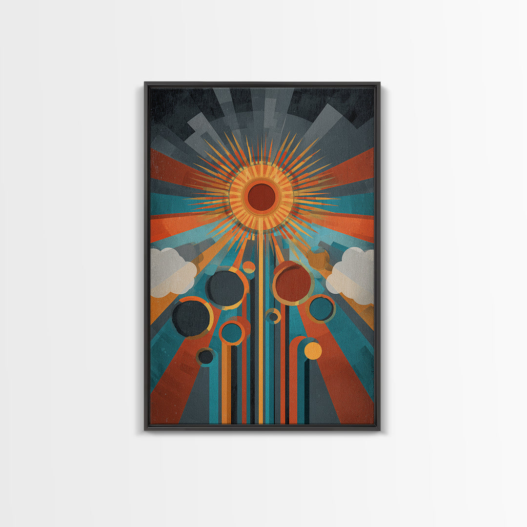 Geometric Solar Eclipse With Retro Planets Wall Art, Midcentury Modern Abstract Poster, Atomic Space Decor, Colorful MCM Print