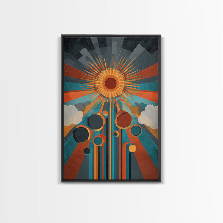 Geometric Solar Eclipse With Retro Planets Wall Art, Midcentury Modern Abstract Poster, Atomic Space Decor, Colorful MCM Print