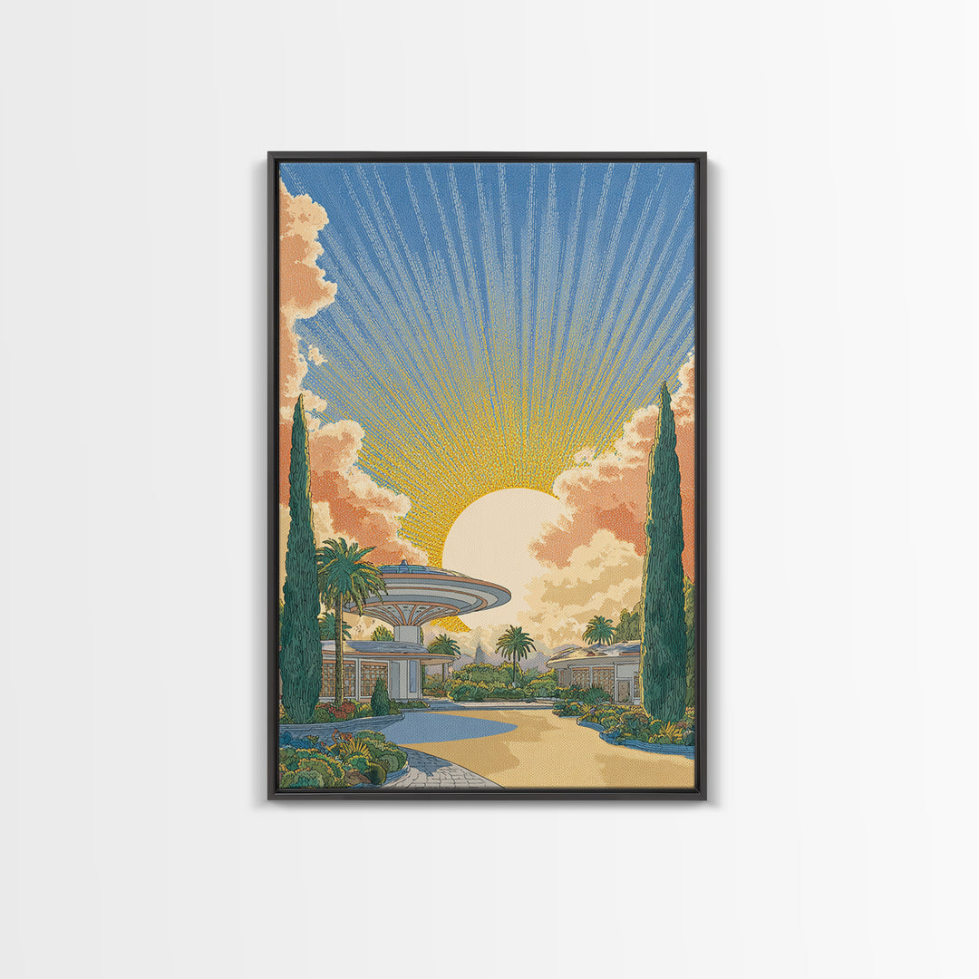 Futuristic Desert Resort Sunrise Wall Art, Midcentury Modern Architecture Poster, Palm Springs Decor, Retro Travel Print