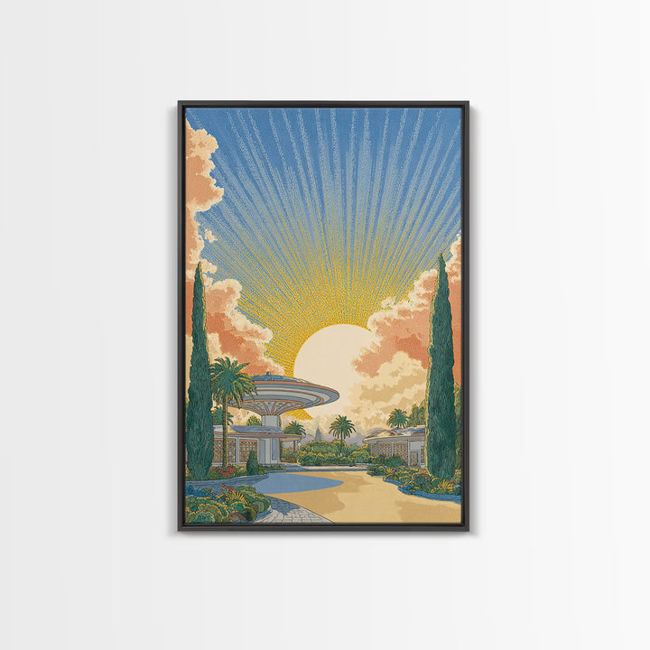 Futuristic Desert Resort Sunrise Wall Art, Midcentury Modern Architecture Poster, Palm Springs Decor, Retro Travel Print
