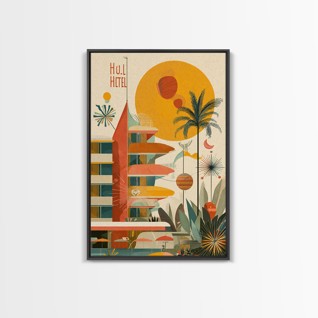 Atomic Hotel With Palms And Sun Canvas Print, Midcentury Modern Wall Art, Retro Palm Springs Poster, Tropical MCM Home Decor