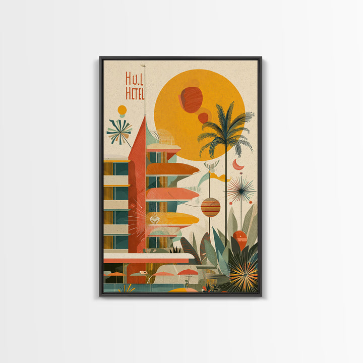 Atomic Hotel With Palms And Sun Canvas Print, Midcentury Modern Wall Art, Retro Palm Springs Poster, Tropical MCM Home Decor