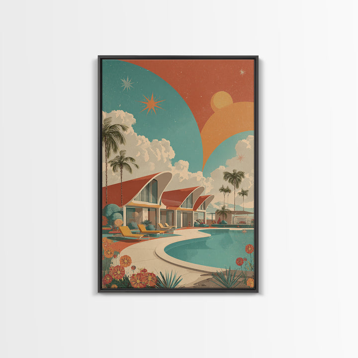 Retro Palm Springs Pool Homes Framed Canvas Print, Midcentury Modern Wall Art, Atomic Ranch Decor, Tropical Sunset Poster