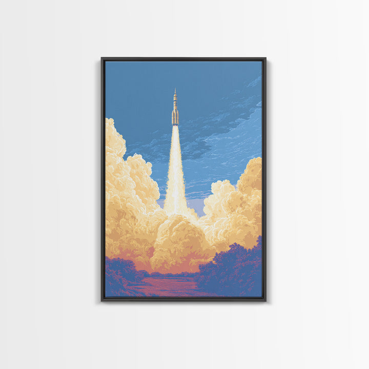 Rocket Launch Through Golden Clouds Wall Art, Retro Space Poster, Sci Fi Wall Decor, Modern Art Print For Office And Man Cave