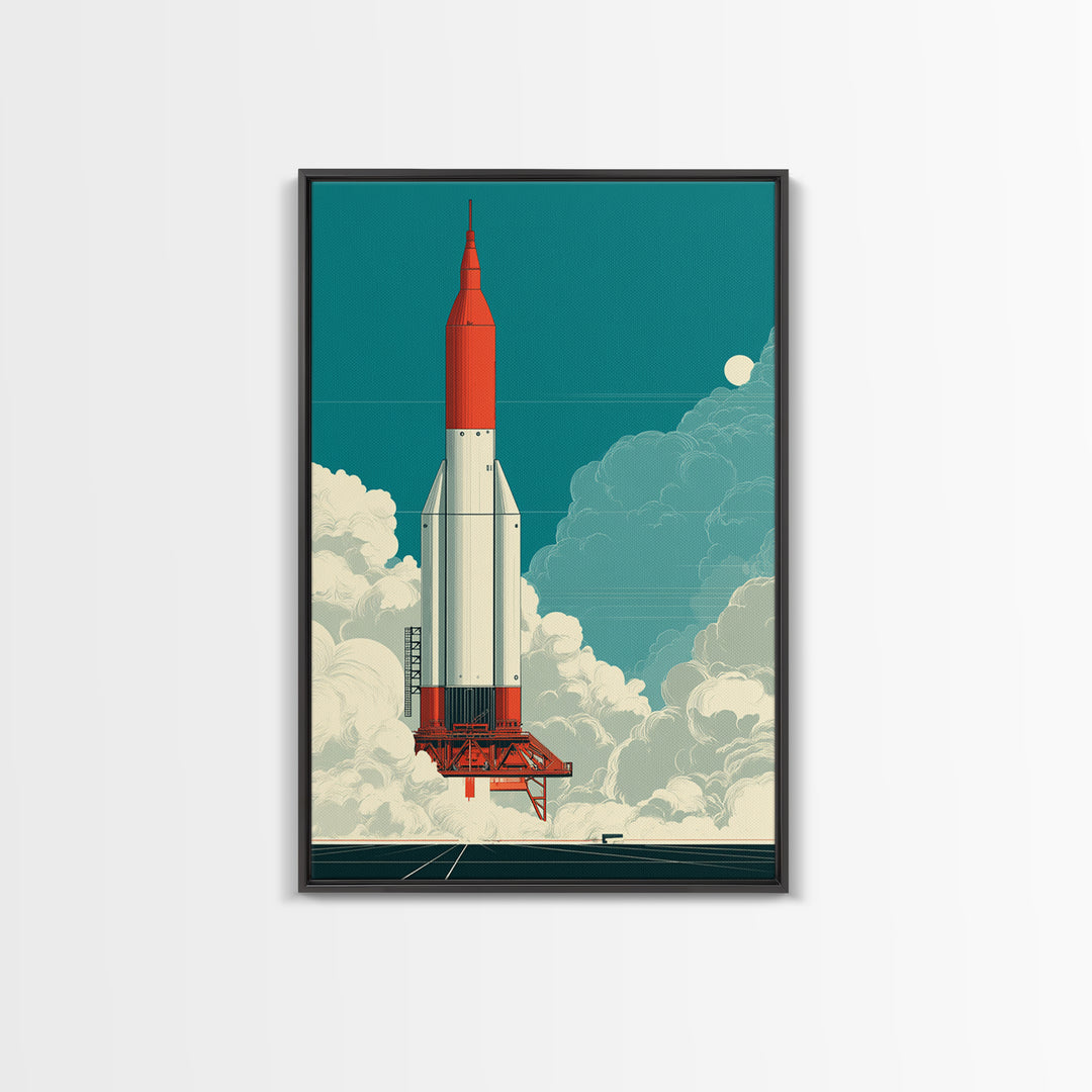Red Rocket Lift Off In Teal Sky Canvas Print, Retro Space Wall Art, Midcentury Modern Sci Fi Poster, Boys Room Decor Gift