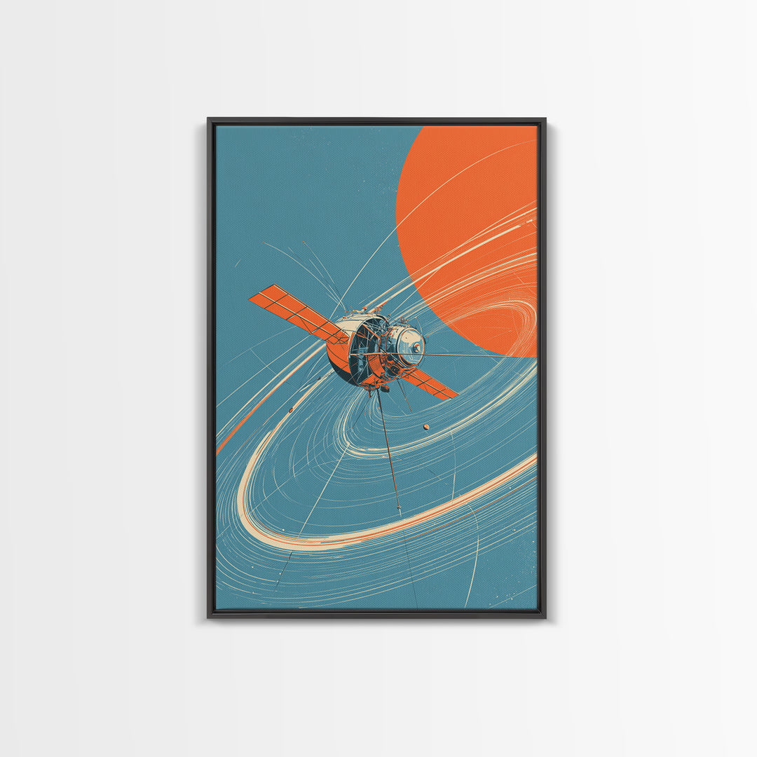 Retro Satellite With Orange Sun, Cosmic Orbit Wall Art, Mid Century Modern Space Poster, Sci Fi Decor, MCM Home Print Gift