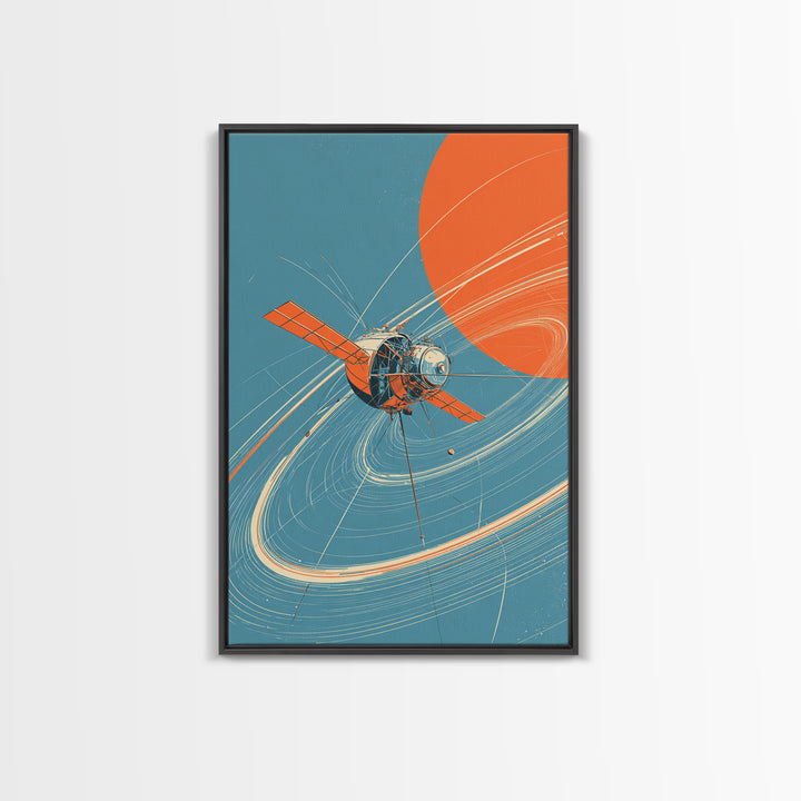 Retro Satellite With Orange Sun, Cosmic Orbit Wall Art, Mid Century Modern Space Poster, Sci Fi Decor, MCM Home Print Gift