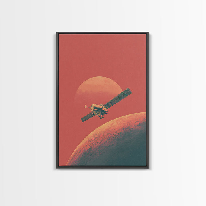 Coral Mars Satellite Over Desert Planet Canvas Print, Minimal Retro Space Poster, Mid Century Modern Home Office Decor Gift