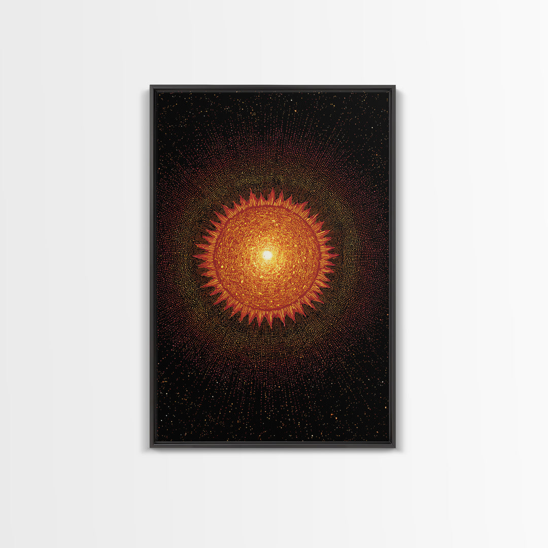 Fiery Abstract Sun Mandala On Black Wall Art, Cosmic Retro Poster, Mid Century Modern Decor, Orange Celestial Print Gift