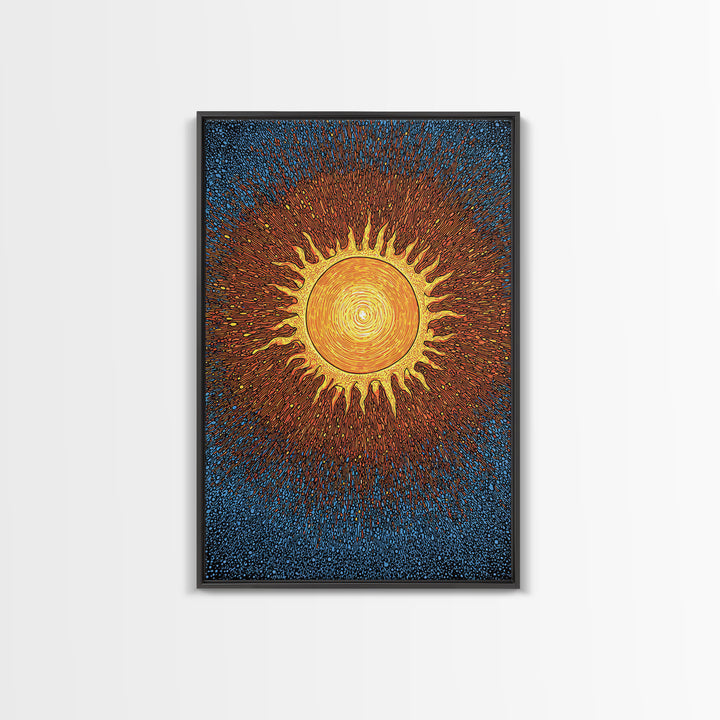 Radiant Orange Sunburst With Blue Texture Canvas Print, Cosmic Wall Art, Mid Century Modern Poster, Groovy Retro Decor Gift
