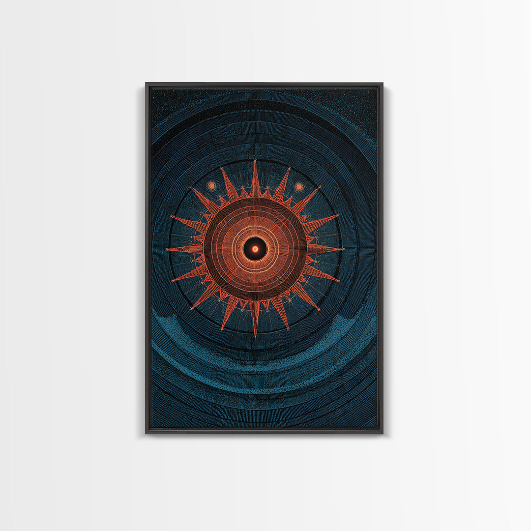 Mystic Solar Eclipse Compass Mandala Wall Art, Retro Sci Fi Poster, Modern Abstract Art Print, Teal Orange MCM Decor Gift