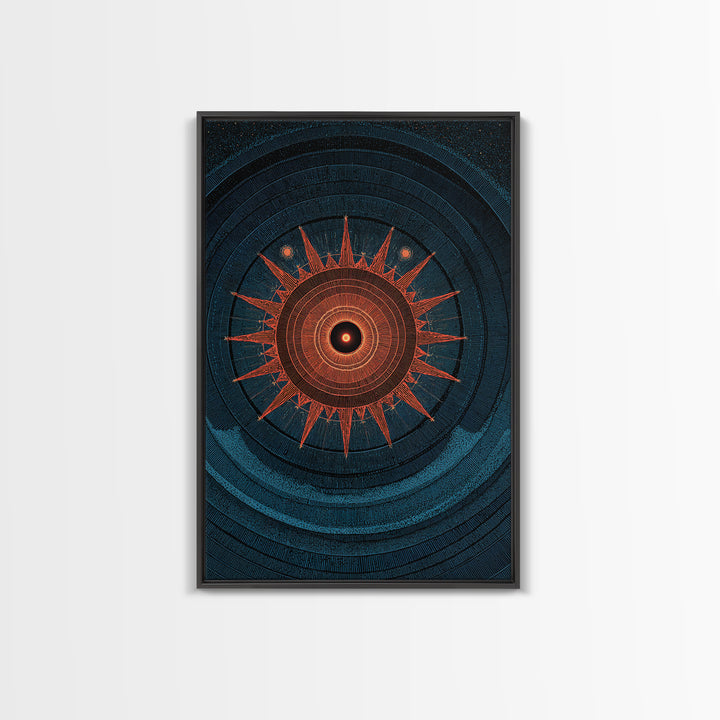 Mystic Solar Eclipse Compass Mandala Wall Art, Retro Sci Fi Poster, Modern Abstract Art Print, Teal Orange MCM Decor Gift