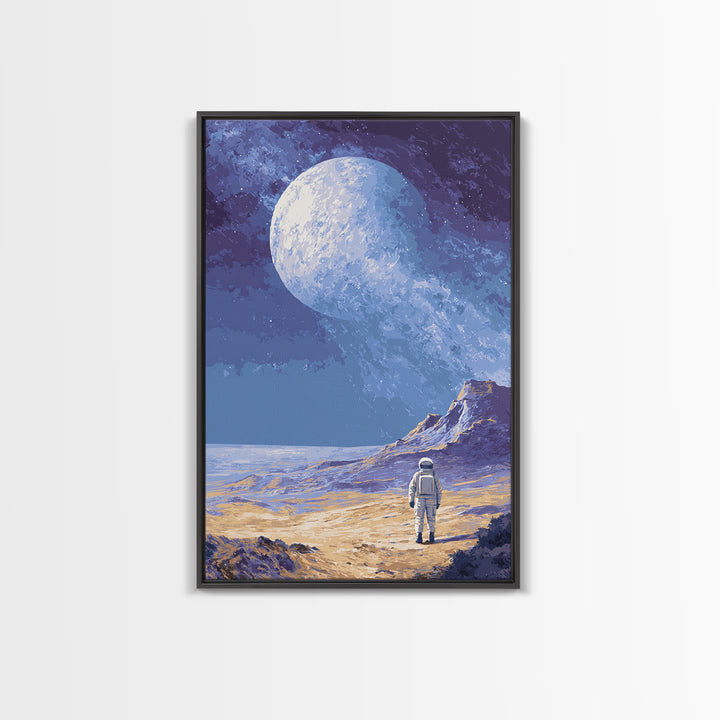 Lonely Astronaut On Icy Moon Wall Art, Retro Sci Fi Space Poster, Blue Planet Landscape, Modern MCM Room Decor Print Gift