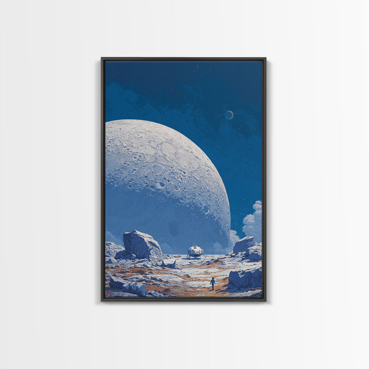 Blue Lunar Base With Astronaut Wall Art, Giant Moon Sci Fi Poster, Modern Space Landscape, Retro Futuristic Room Decor Print