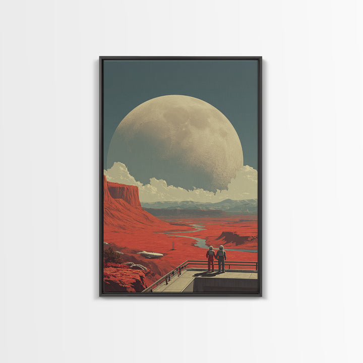 Red Mars Desert Astronauts Framed Canvas Print, Giant Moon Space Poster, Retro Sci Fi Landscape, Midcentury Modern Decor