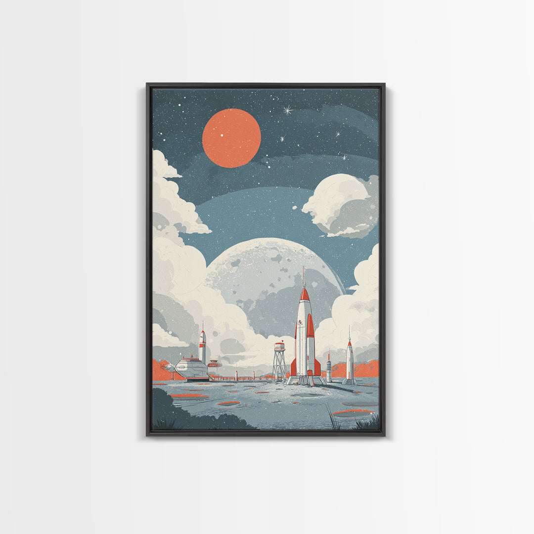 Retro Rocket Spaceport In Clouds Canvas Print, Moon Colony Wall Art Poster, Midcentury Modern Sci Fi Nursery Room Decor Print