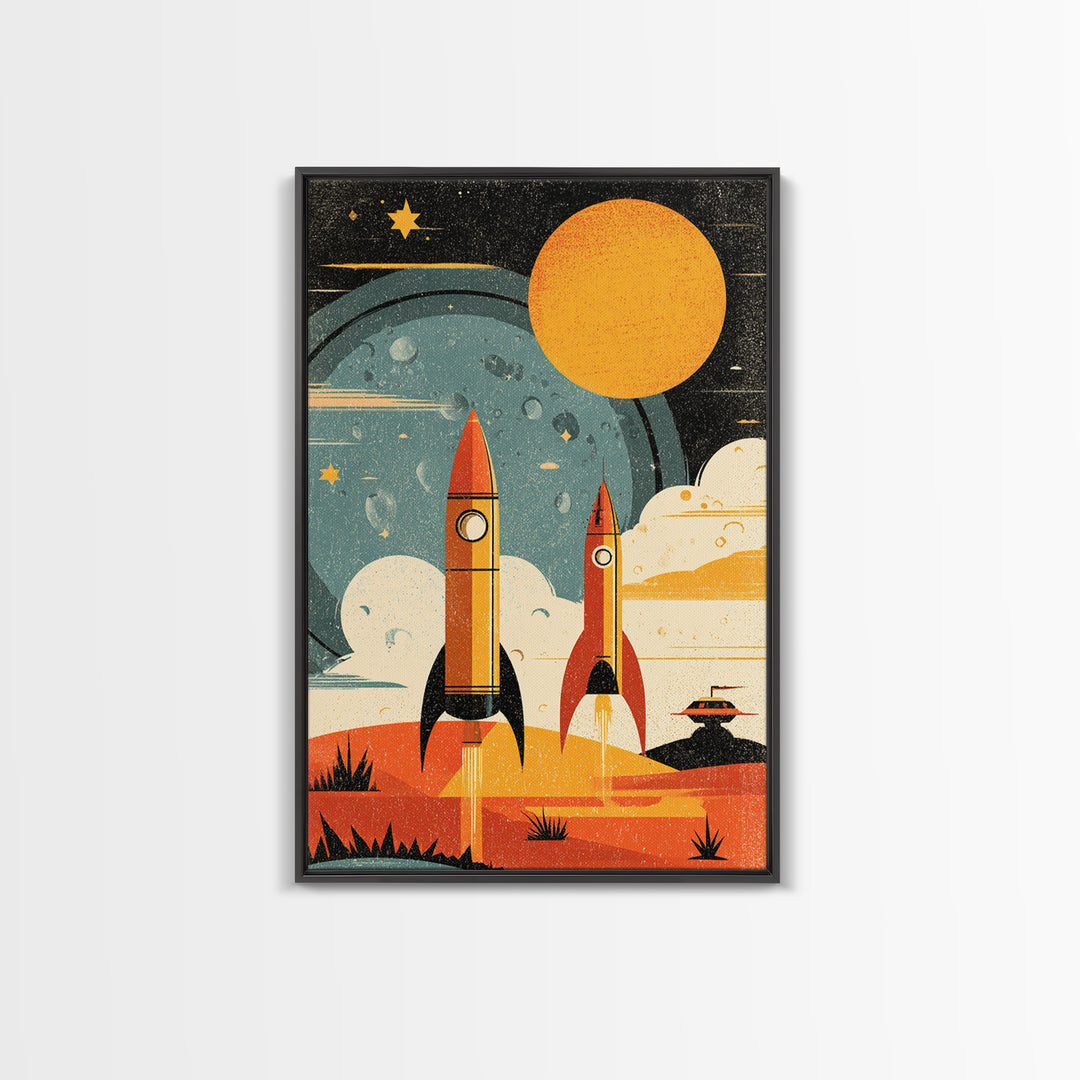 Orange Atomic Rockets And Sun Wall Art, Retro Space Age Poster, Midcentury Modern Sci Fi Decor, Bold MCM Canvas Print Gift