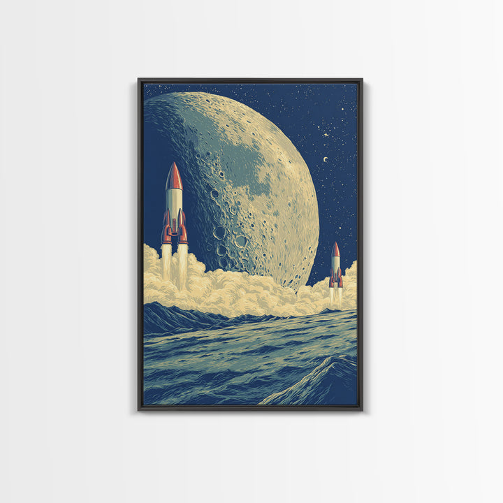 Rockets Launch From Lunar Waves Canvas Print, Giant Moon Sci Fi Poster, Retro Futuristic Wall Art, Space Age Room Decor Print