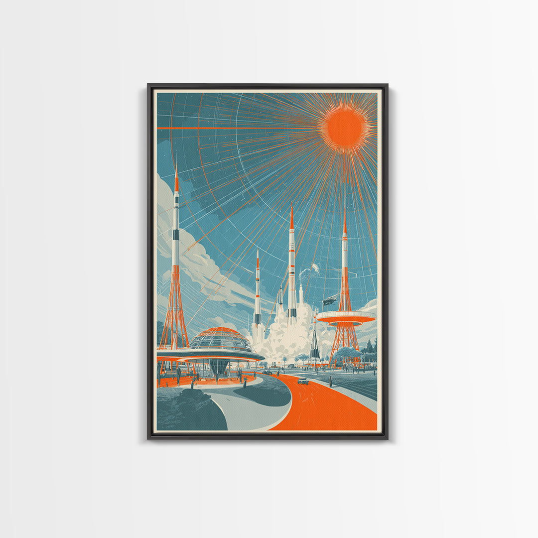 Retro Futuristic Rocket City Wall Art, Orange Sun Spaceport Poster, Midcentury Modern Sci Fi Decor, Atomic Ranch Print Gift