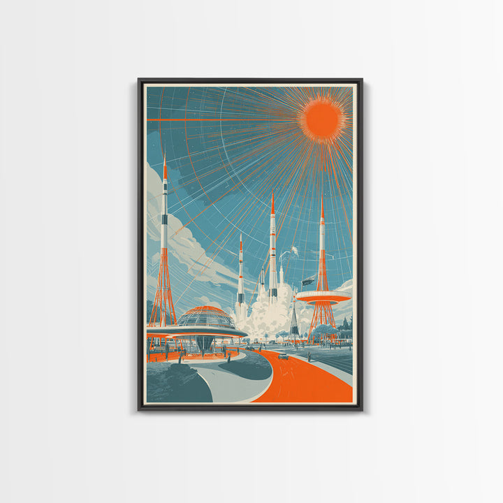 Retro Futuristic Rocket City Wall Art, Orange Sun Spaceport Poster, Midcentury Modern Sci Fi Decor, Atomic Ranch Print Gift