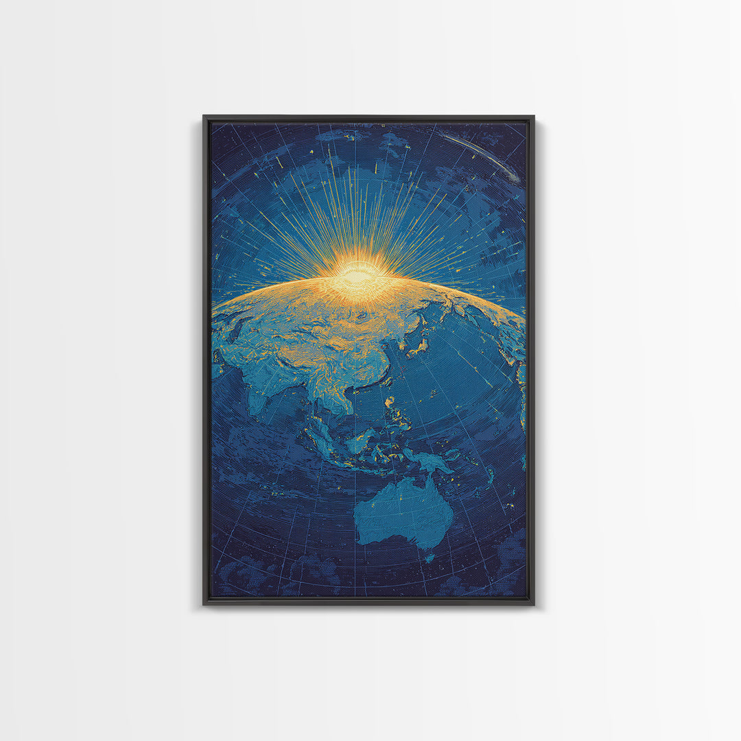 Golden Sunrise Over Earth Canvas Print, Midcentury Modern Map Art, Blue Space Poster, Retro Travel Office Wall Decor Gift