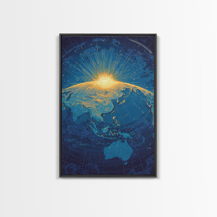 Golden Sunrise Over Earth Canvas Print, Midcentury Modern Map Art, Blue Space Poster, Retro Travel Office Wall Decor Gift