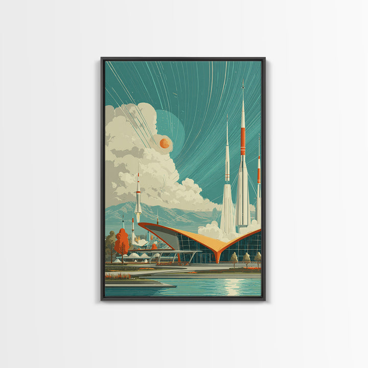 Retro Futuristic Rocket Spaceport With Teal Sky Wall Art, Mid Century Modern Sci Fi Poster, Atomic MCM Space Decor Print