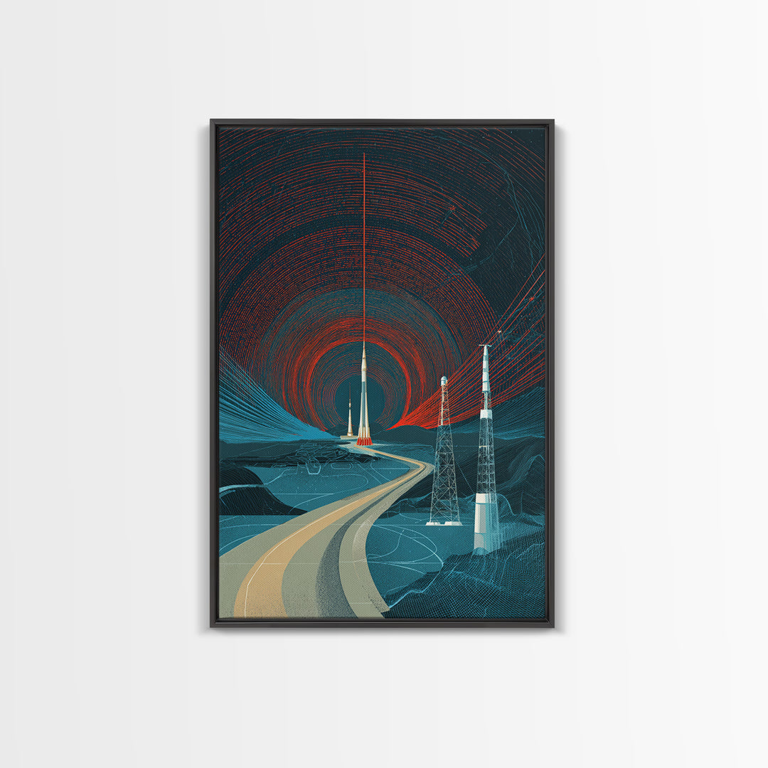 Desert Road To Rocket Launch Wall Art, Mid Century Modern Sci Fi Poster, Retro Space Travel Print, Atomic MCM Home Decor