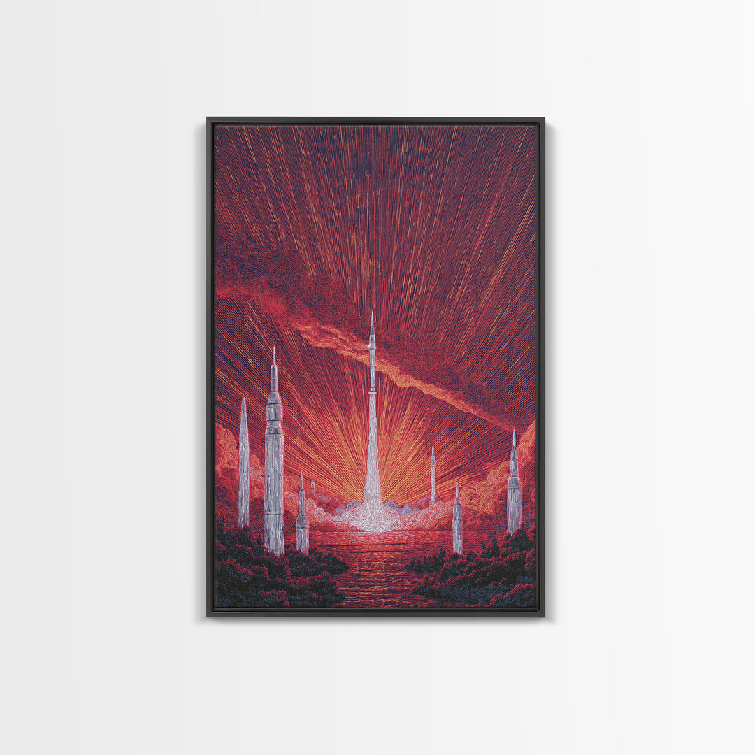 Fiery Red Rocket City At Sunrise Wall Art, Mid Century Modern Sci Fi Poster, Atomic Space Landscape, Retro MCM Decor Print