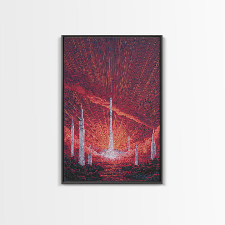 Fiery Red Rocket City At Sunrise Wall Art, Mid Century Modern Sci Fi Poster, Atomic Space Landscape, Retro MCM Decor Print