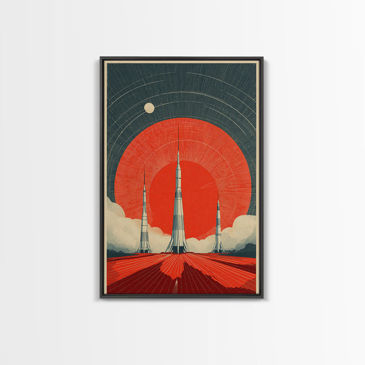 Giant Red Sun Rocket Launch Canvas Print, Mid Century Modern Sci Fi Poster, Atomic Space Art, Retro MCM Wall Decor Print