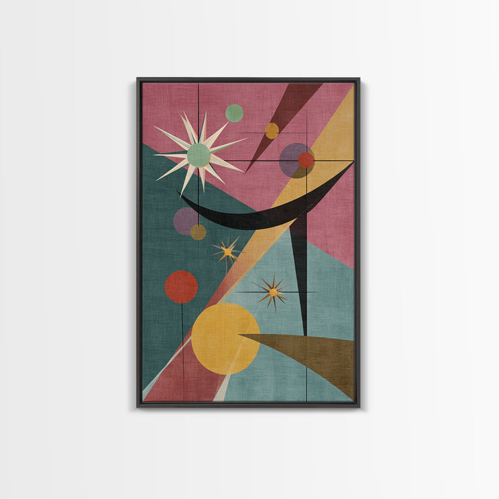 Pink Teal Atomic Starburst Abstract Wall Art, Mid Century Modern Poster, Retro Geometric MCM Living Room Decor Print Gift