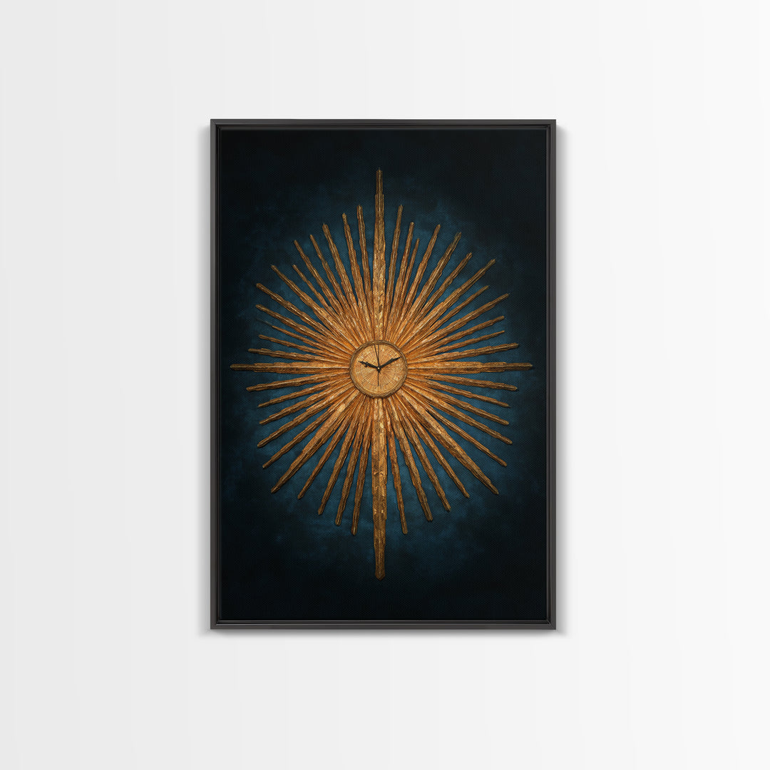 Golden Sunburst Clock On Moody Blue Wall Art, Mid Century Modern Decor, MCM Wall Decor, Atomic Retro Art Print, Home Decor