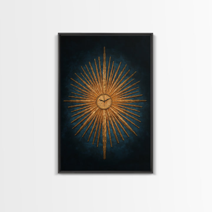 Golden Sunburst Clock On Moody Blue Wall Art, Mid Century Modern Decor, MCM Wall Decor, Atomic Retro Art Print, Home Decor