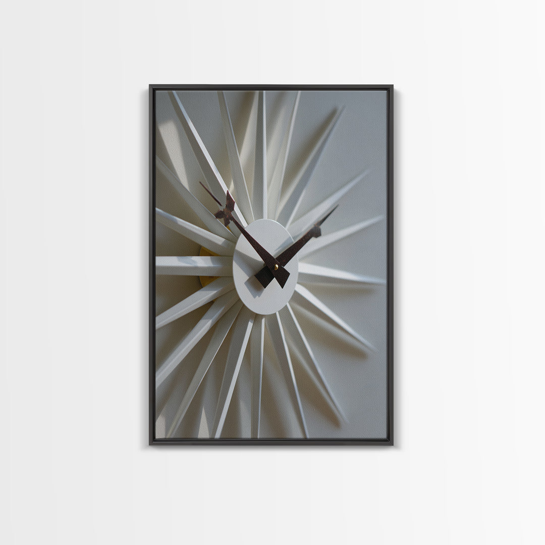 Minimal White Sunburst Clock Framed Canvas Print, Mid Century Modern Decor, Geometric Wall Art, Scandinavian Modern, MCM Artwork